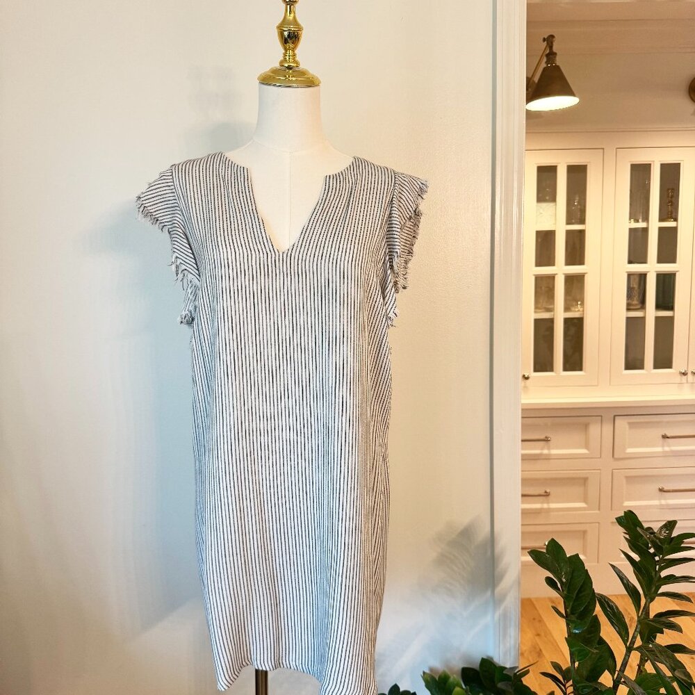 MAVEN WEST White, Black striped dress with frayed sleeves